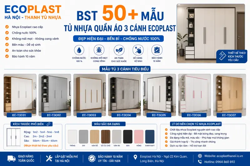 Tủ nhựa quần áo Ecoplast 3 cánh