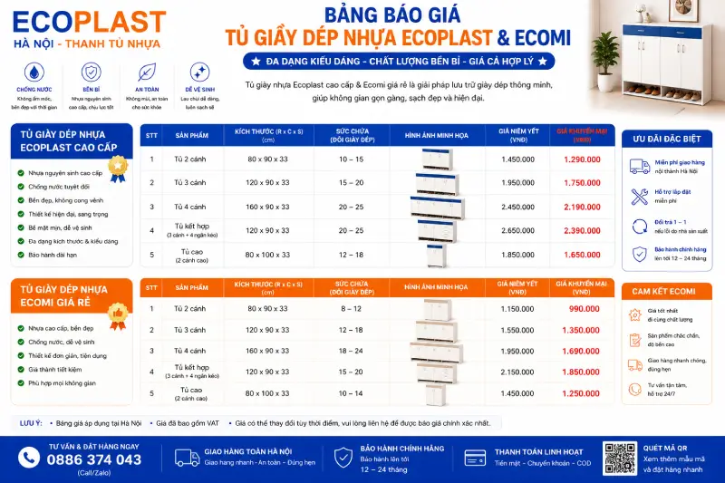 Bảng báo giá tủ giầy dép nhựa Ecoplast cao cấp & Ecomi giá rẻ