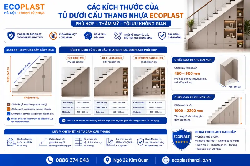 Các kích thước của tủ dưới cầu thang nhựa Ecoplast phù hợp
