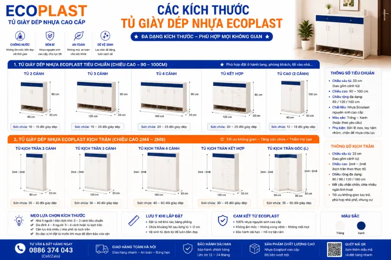 Các kích thước của tủ giầy dép nhựa Ecoplast tiêu chuẩn & kịch trần