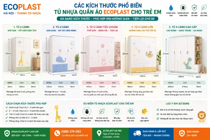 Các kích thước phổ biến của tủ nhựa quần áo Ecoplast cho trẻ em