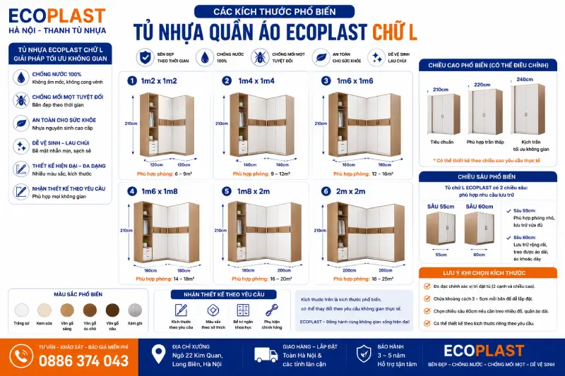 Các kích thước phổ biến của tủ nhựa quần áo Ecoplast chữ L