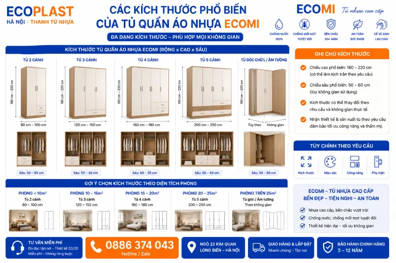Các kích thước phổ biến của tủ quần áo nhựa Ecomi