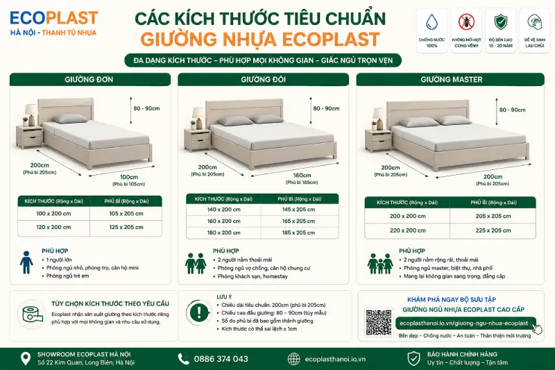 Các kích thước tiêu chuẩn của giường nhựa Ecoplast đơn đôi master