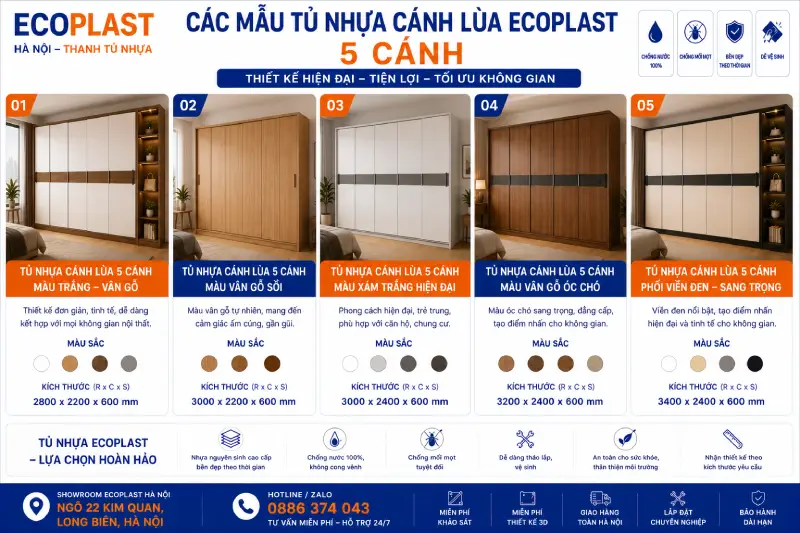 Các mẫu tủ nhựa cánh lùa Ecoplast 5 cánh đẹp
