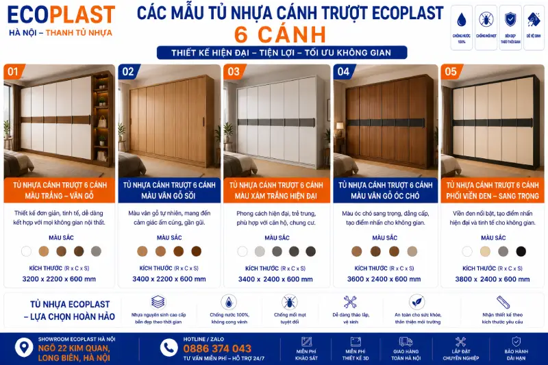 Các mẫu tủ nhựa cánh trượt Ecoplast 6 cánh
