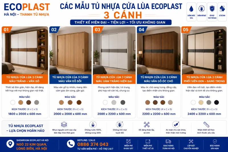 Các mẫu tủ nhựa cửa lùa Ecoplast 3 cánh