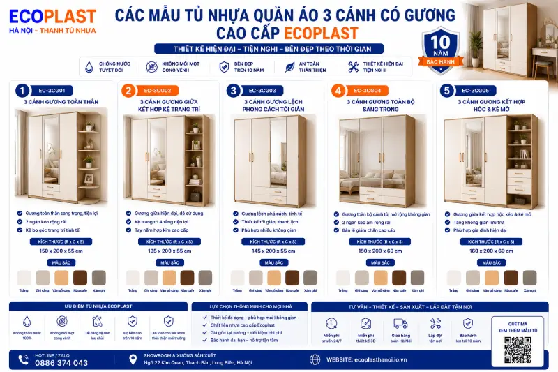 Các mẫu tủ nhựa quần áo 3 cánh có gương cao cấp