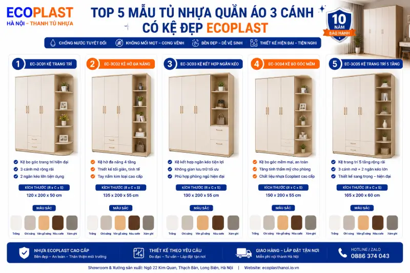 Các mẫu tủ nhựa quần áo 3 cánh có kệ đẹp