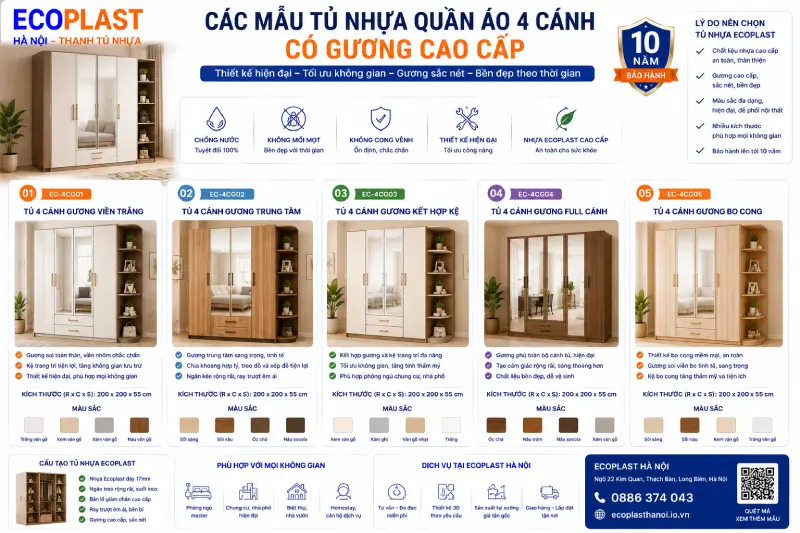 Các mẫu tủ nhựa quần áo 4 cánh có gương cao cấp