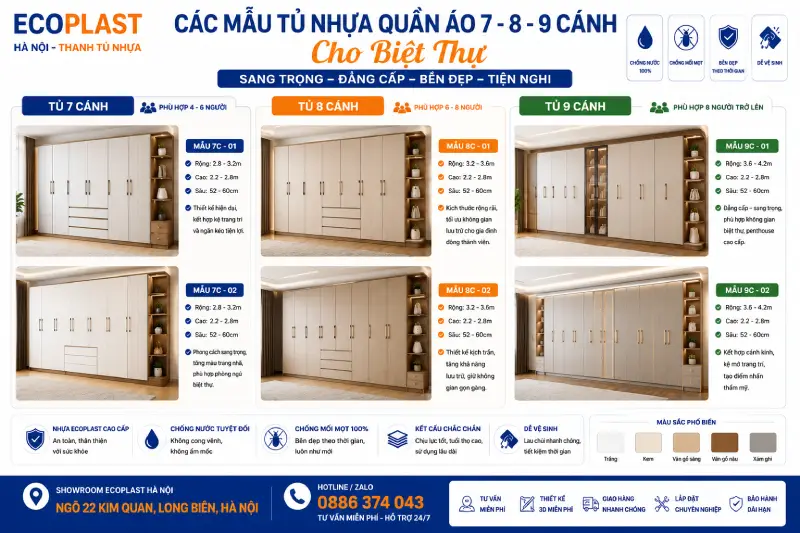 Các mẫu tủ nhựa quần áo 7-8-9 cánh cho biệt thự