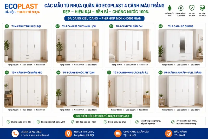Các mẫu tủ nhựa quần áo Ecoplast 4 cánh màu trắng
