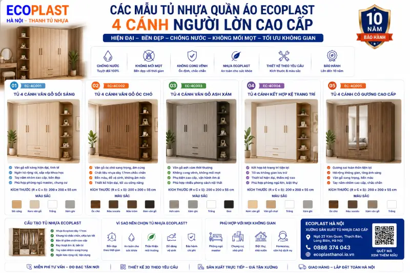 Các mẫu tủ nhựa quần áo Ecoplast 4 cánh người lớn