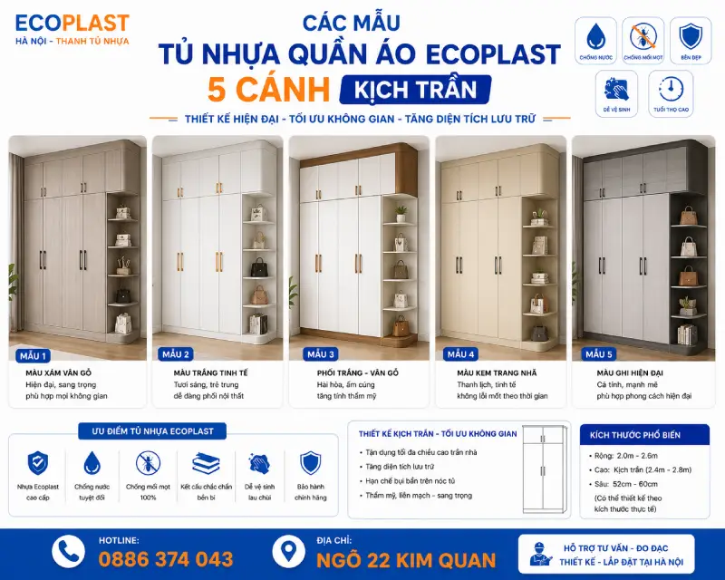 Các mẫu tủ nhựa quần áo Ecoplast 5 cánh kịch trần