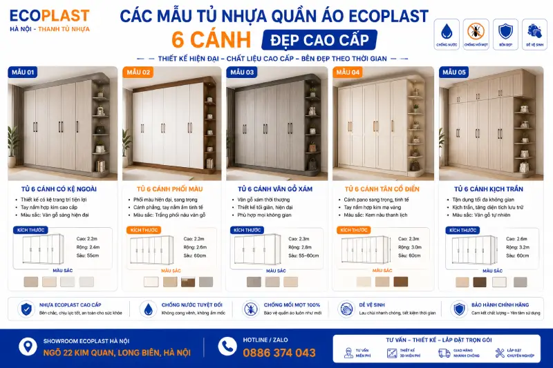 Các mẫu tủ nhựa quần áo Ecoplast 6 cánh đẹp cao cấp