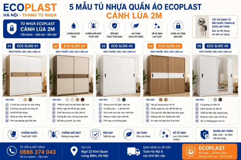 Các mẫu tủ nhựa quần áo Ecoplast cánh lùa 2m