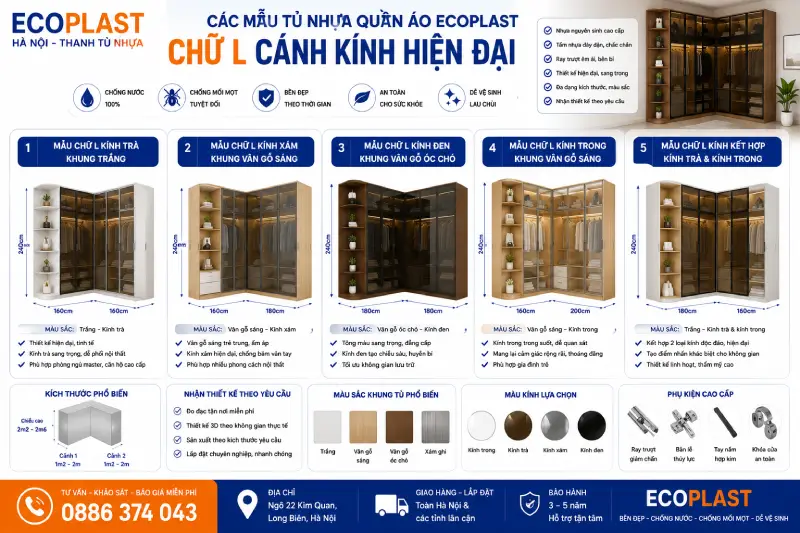 Các mẫu tủ nhựa quần áo Ecoplast chữ L cánh kính hiện đại