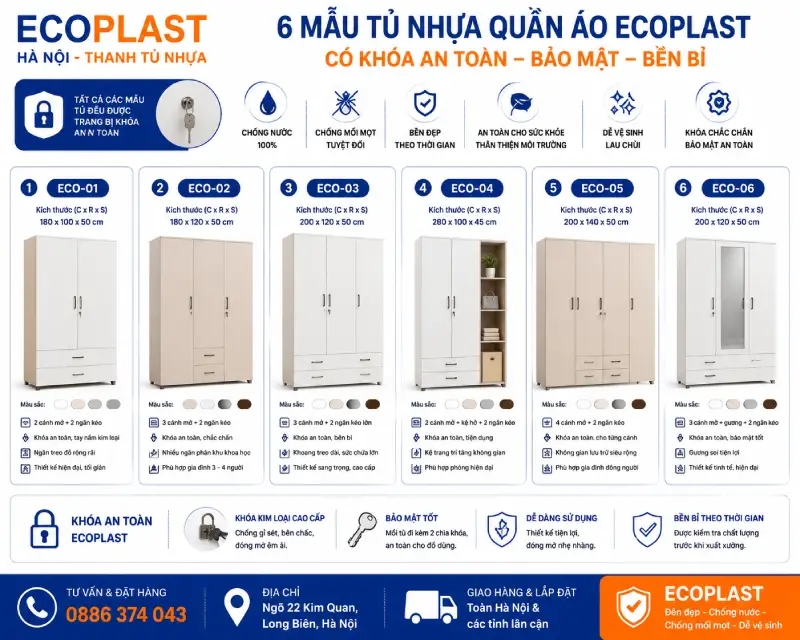 Các mẫu tủ nhựa quần áo Ecoplast có khóa