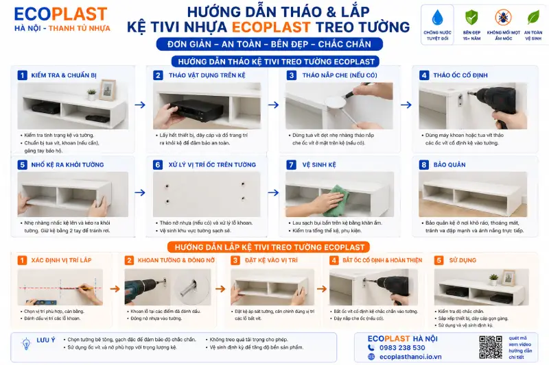 Cách tháo & lắp kệ tivi nhựa Ecoplast treo tường