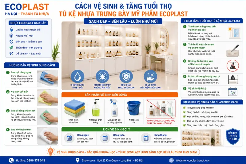 Cách vệ sinh & tăng tuổi thọ tủ kệ nhựa trưng bày mỹ phẩm Ecoplast