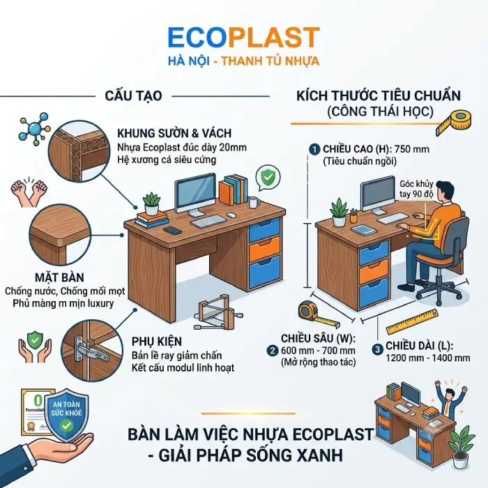 Cấu tạo & kích thước tiêu chuẩn của bàn làm việc nhựa Ecoplast