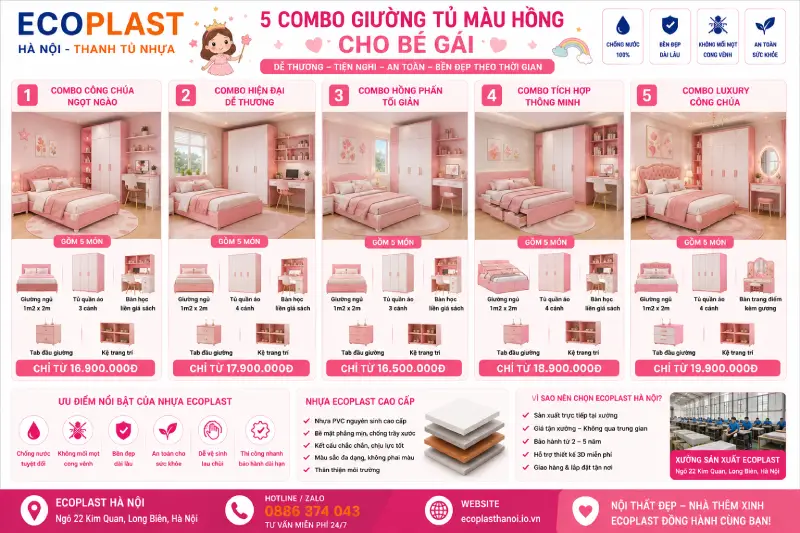 Combo giường tủ màu hồng cho bé gái