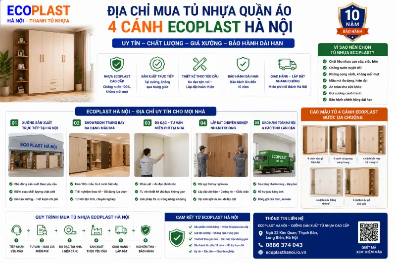 Địa chỉ mua tủ nhựa quần áo 4 cánh Ecoplast Hà Nội