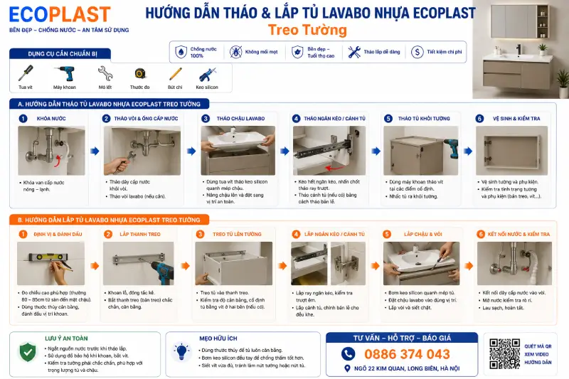 Hướng dẫn tháo & lắp tủ lavabo nhựa Ecoplast treo tường