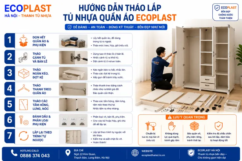 Hướng dẫn tháo lắp tủ nhựa quần áo Ecoplast