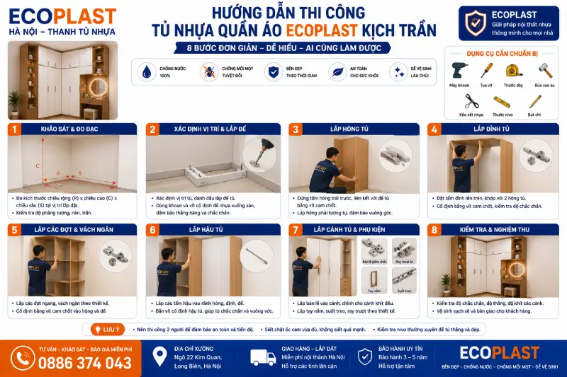 Hướng dẫn thi công tủ nhựa quần áo Ecoplast kịch trần