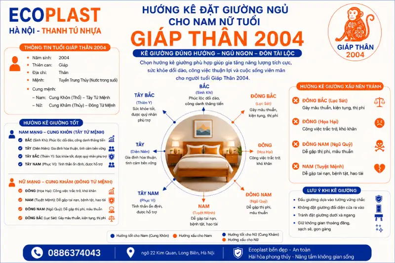 Hướng kê đặt giường ngủ cho nam nữ tuổi Giáp Thân 2004