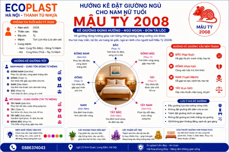 Hướng kê đặt giường ngủ cho nam nữ tuổi Mậu Tý 2008