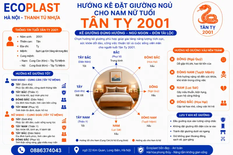 Hướng kê đặt giường ngủ cho nam nữ tuổi Tân Tỵ 2001