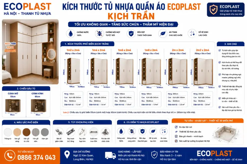 Kích thước tủ nhựa quần áo Ecoplast kịch trần