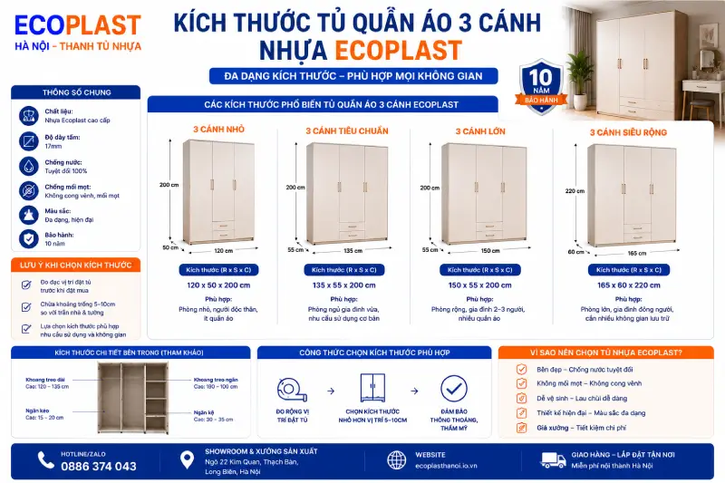 Kích thước tủ quần áo 3 cánh nhựa Ecoplast