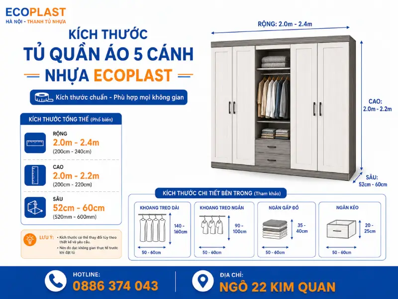 Kích thước tủ quần áo 5 cánh nhựa Ecoplast