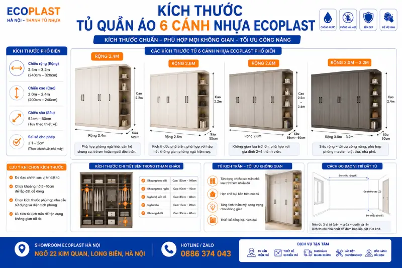 Kích thước tủ quần áo 6 cánh nhựa Ecoplast