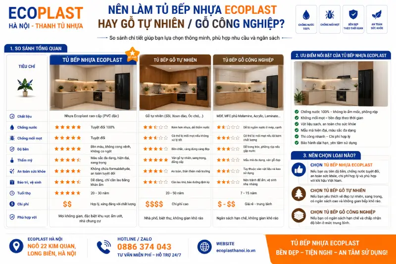 Nên làm tủ bếp nhựa Ecoplast hay gỗ tự nhiên/công nghiệp