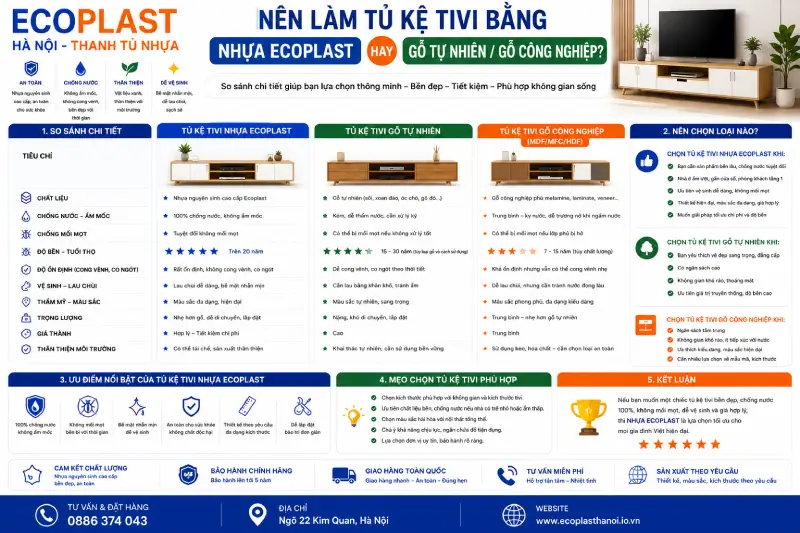 Nên làm tủ kệ tivi bằng nhựa Ecoplast hay gỗ tự nhiên/công nghiệp