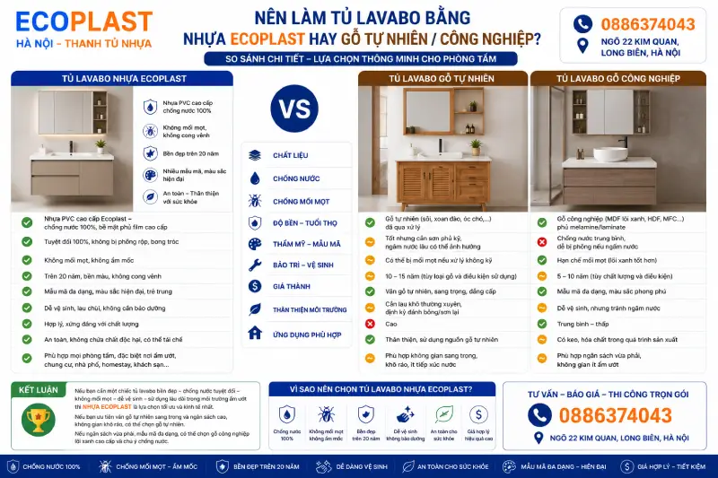 Nên làm tủ lavabo bằng nhựa Ecoplast hay gỗ tự nhiên/công nghiệp