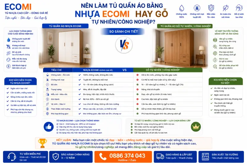 Nên làm tủ quần áo bằng nhựa Ecomi hay gỗ tự nhiên/công nghiệp