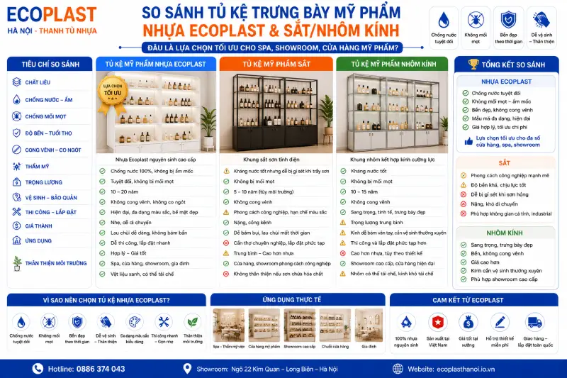 So sánh tủ kệ mỹ phẩm bằng nhựa Ecoplast hay sắt/nhôm kính
