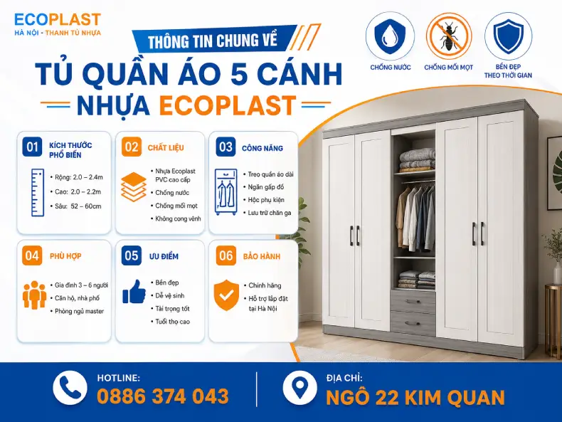 Thông tin chung về tủ quần áo 5 cánh nhựa Ecoplast