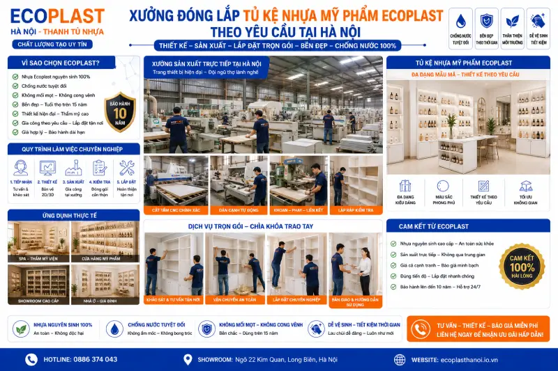 Xưởng đóng lắp tủ kệ nhựa mỹ phẩm Ecoplast theo yêu cầu tại Hà Nội