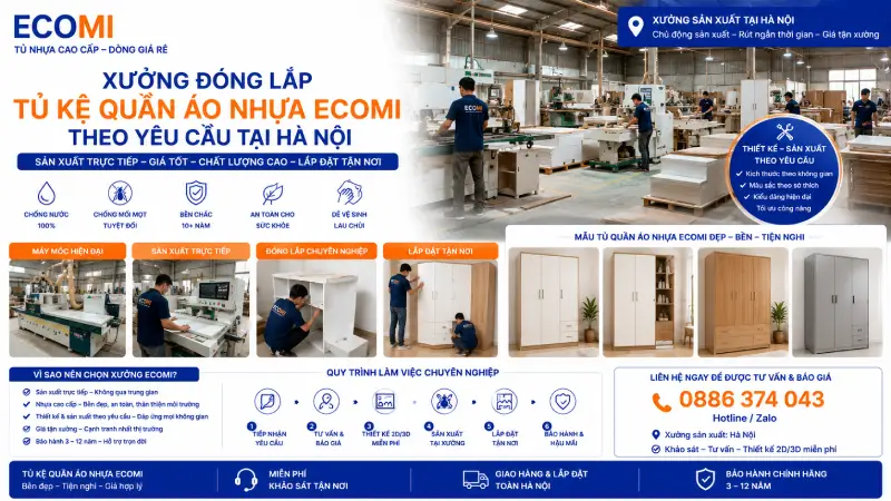 Xưởng đóng lắp tủ kệ quần áo nhựa Ecomi theo yêu cầu tại Hà Nội