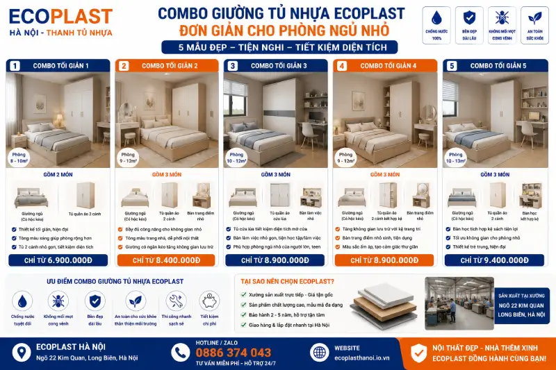 combo giường tủ nhựa Ecoplast đơn giản cho phòng ngủ nhỏ