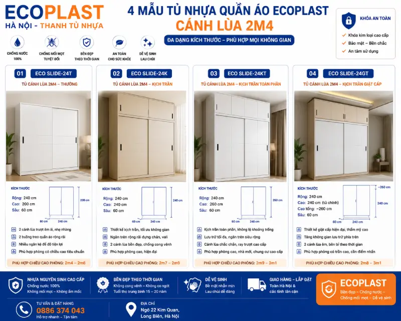 mẫu tủ nhựa quần áo Ecoplast cánh lùa 2m4