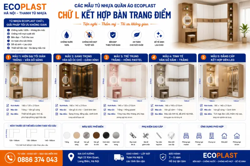 mẫu tủ nhựa quần áo Ecoplast chữ L kết hợp bàn trang điểm
