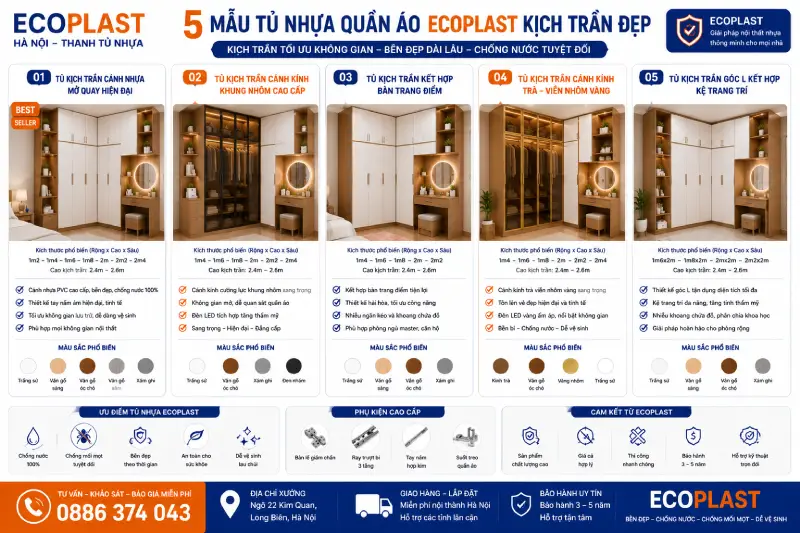 mẫu tủ nhựa quần áo Ecoplast kịch trần đẹp hiện đại