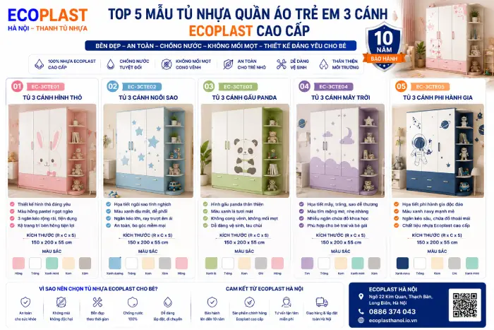 mẫu tủ nhựa quần áo trẻ em 3 cánh Ecoplast